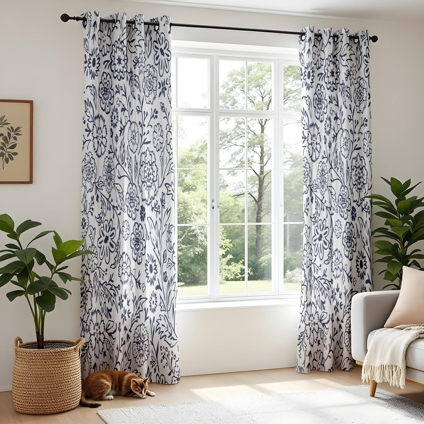 Onay Navy Blue Floral Curtains – Indigo White Botanical Drapes