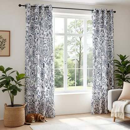 Onay Navy Blue Floral Curtains – Indigo White Botanical Drapes