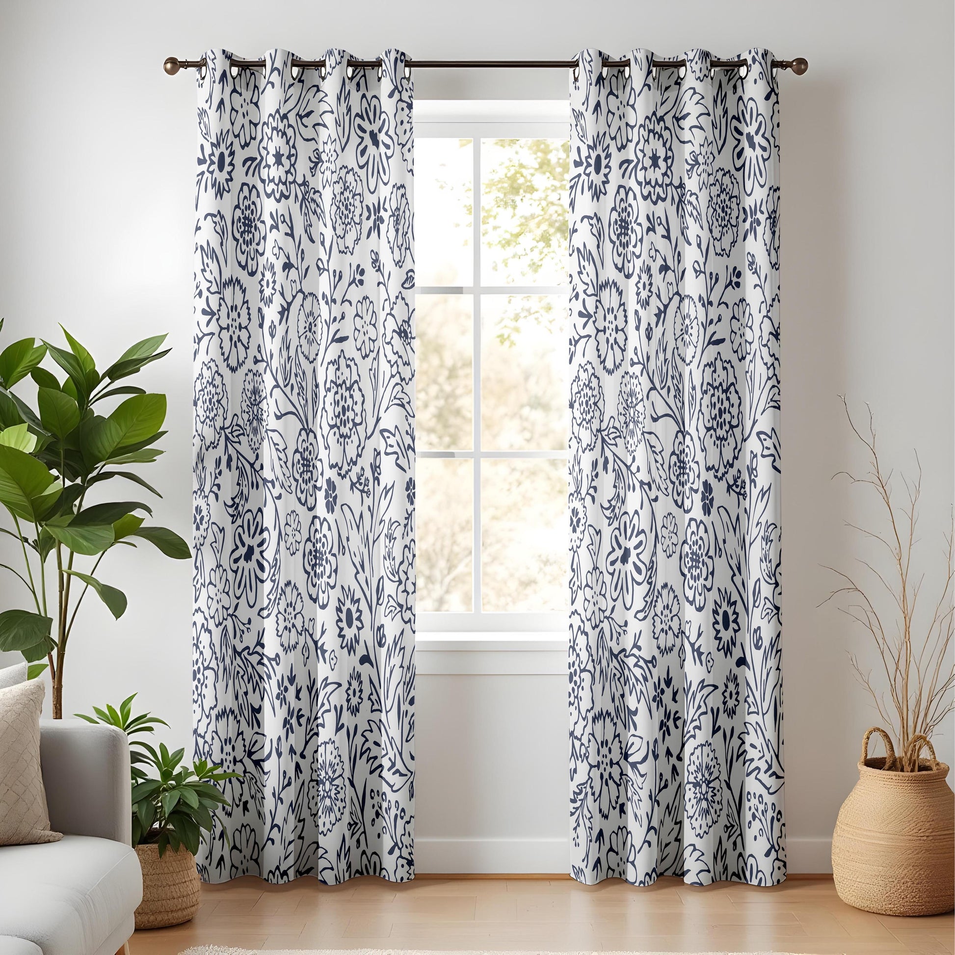 Onay Navy Blue Floral Curtains – Indigo White Botanical Drapes