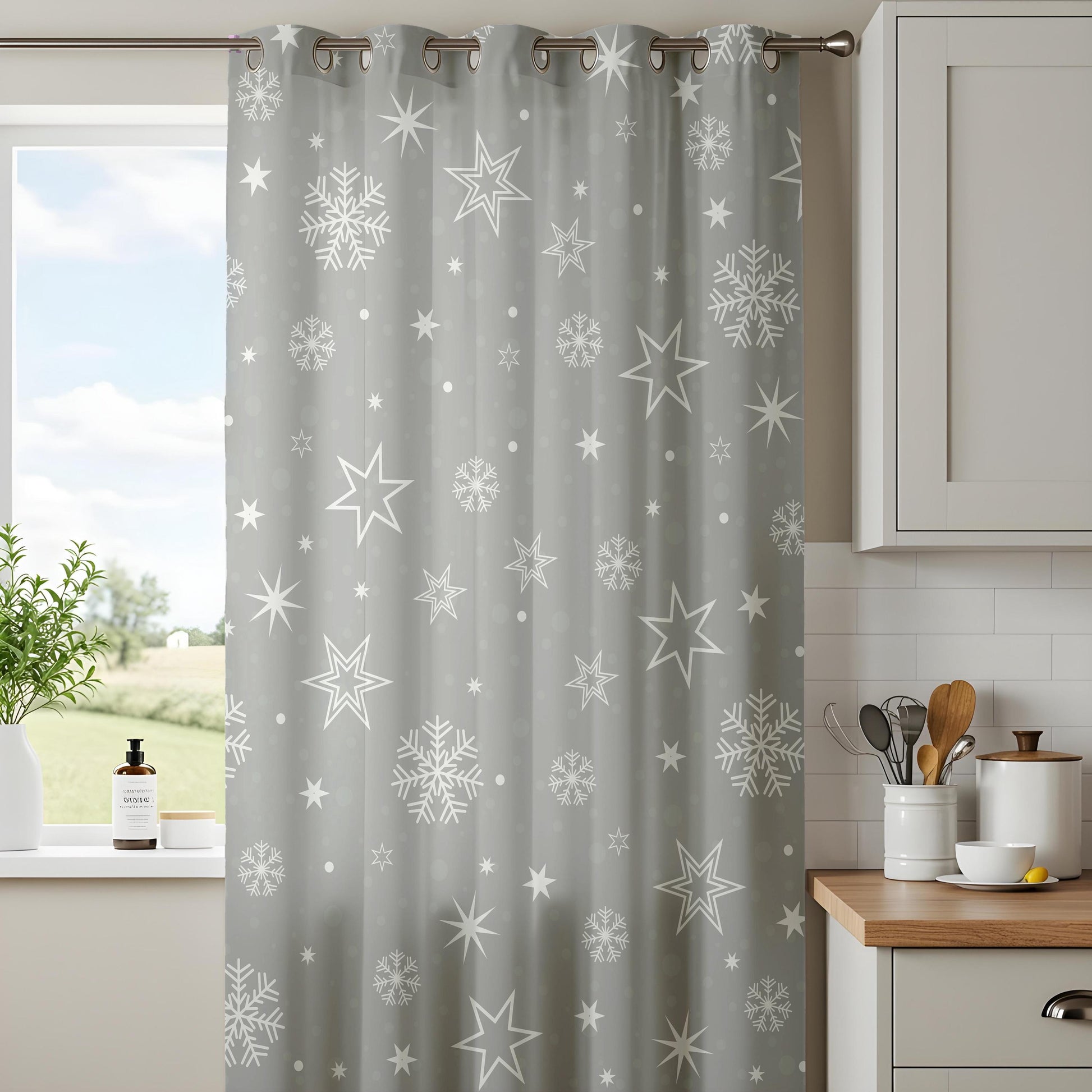 Onay Grey Snowflake Star Curtains – Winter Wonderland Holiday Drapes