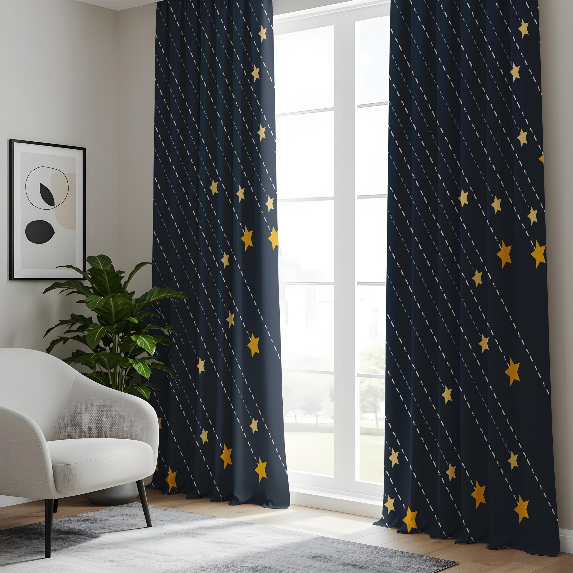 Onay Navy Blue Starry Night Curtains – Celestial Shooting Star Drapes
