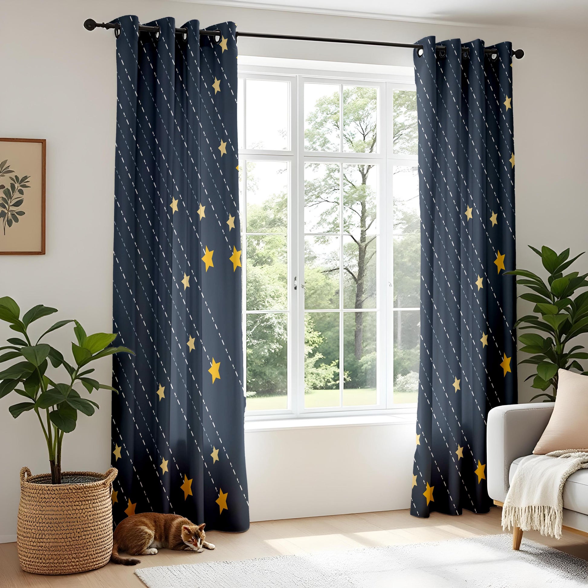 Onay Navy Blue Starry Night Curtains – Celestial Shooting Star Drapes