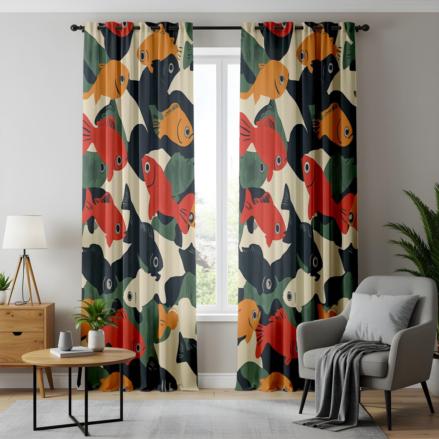 Onay Retro Fish Print Curtains – Mid Century Modern Graphic Drapes