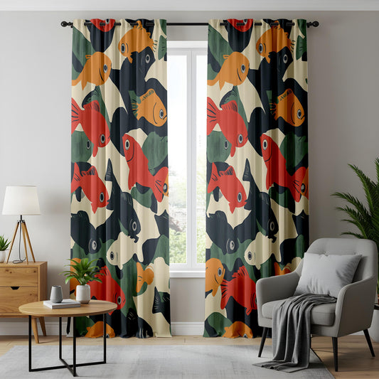Onay Retro Fish Print Curtains – Mid Century Modern Graphic Drapes