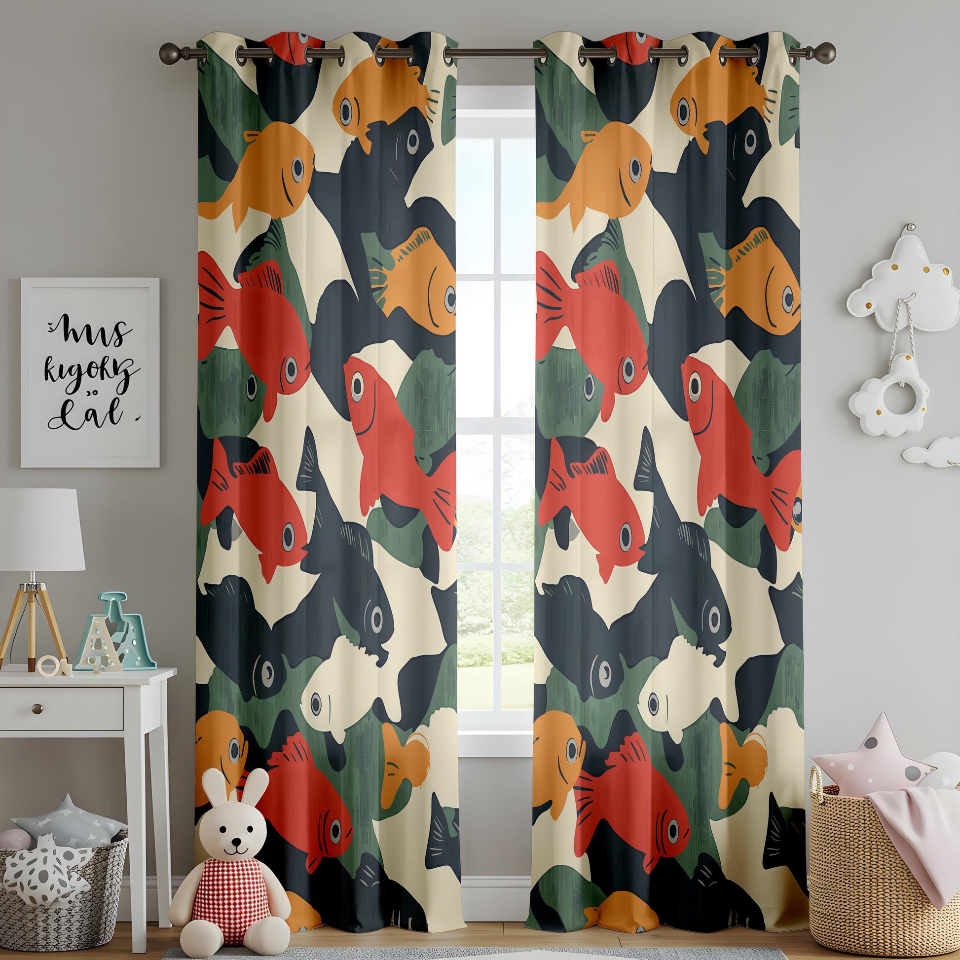 Onay Retro Fish Print Curtains – Mid Century Modern Graphic Drapes