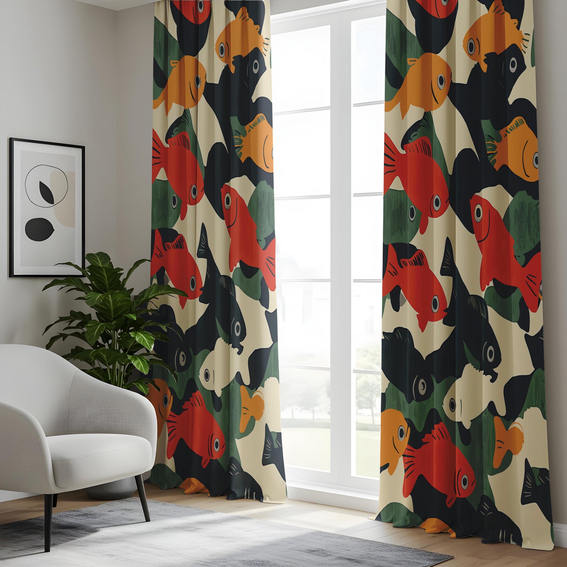 Onay Retro Fish Print Curtains – Mid Century Modern Graphic Drapes