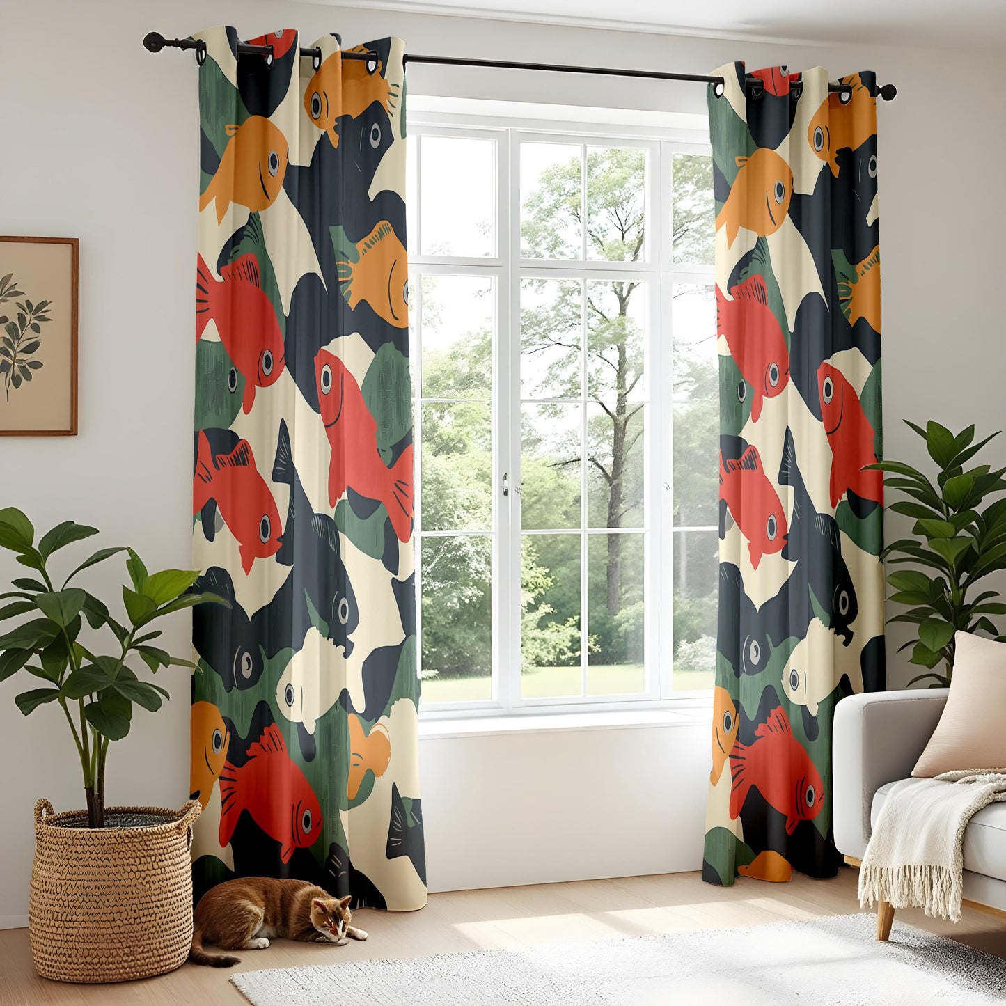 Onay Retro Fish Print Curtains – Mid Century Modern Graphic Drapes