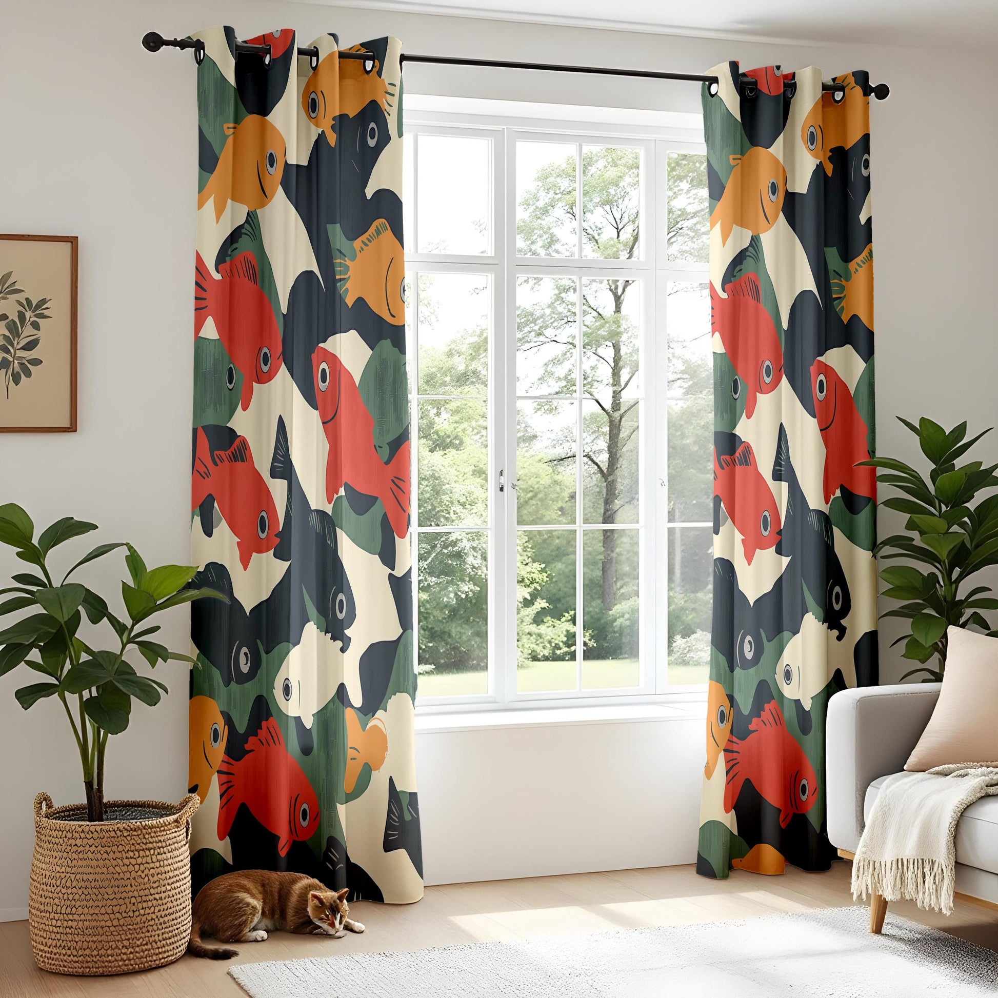 Onay Retro Fish Print Curtains – Mid Century Modern Graphic Drapes