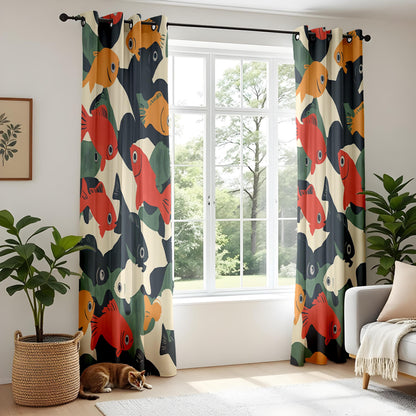 Onay Retro Fish Print Curtains – Mid Century Modern Graphic Drapes