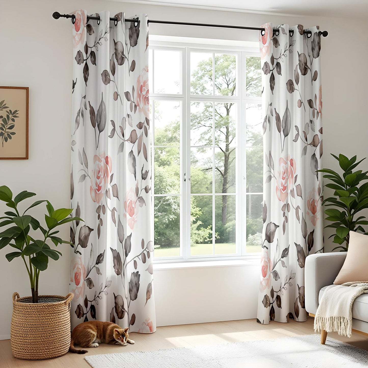 Onay Watercolor Pink Rose Curtains – Grey Floral Botanical Drapes