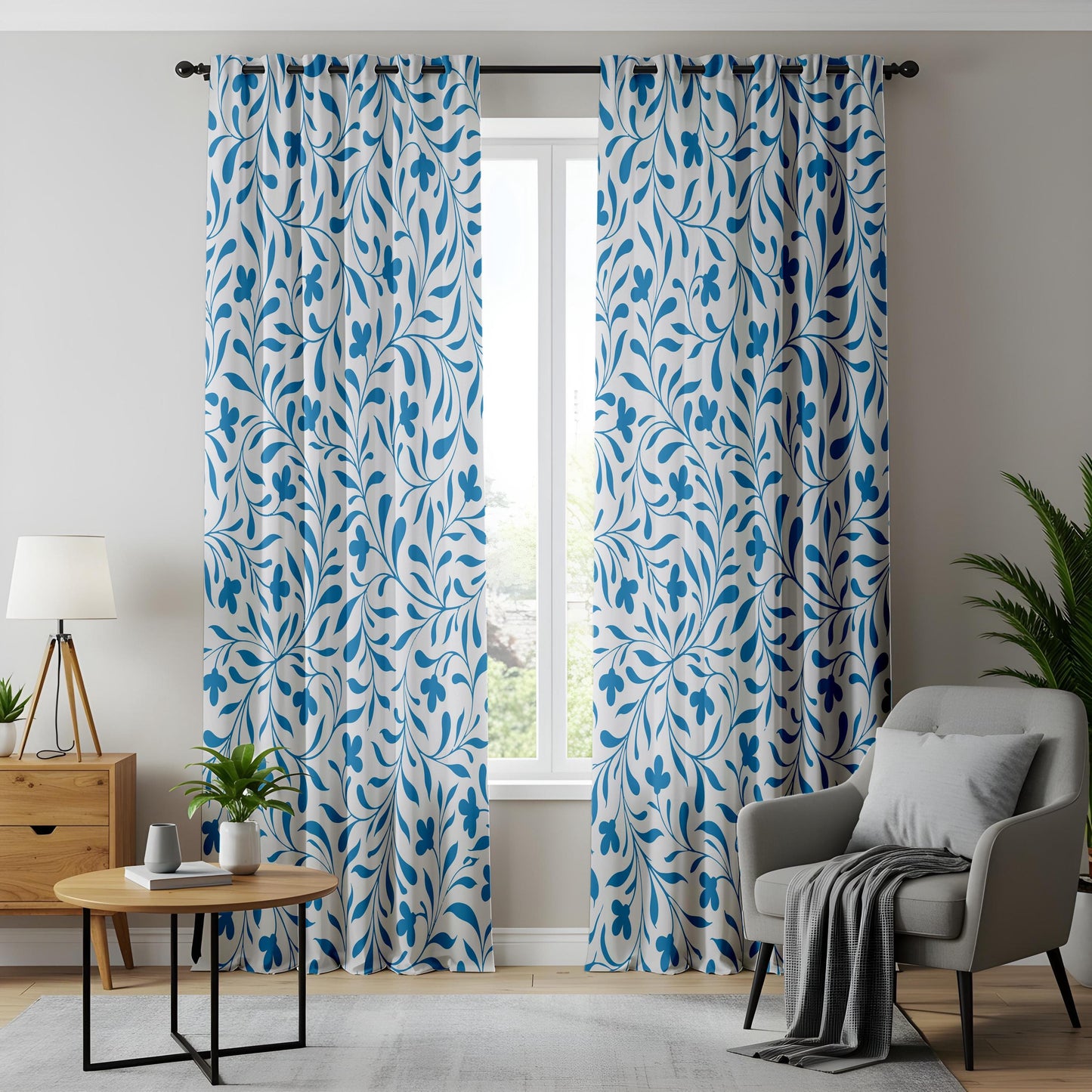 Onay Bright Blue Vine Curtains – White Coastal Botanical Drapes
