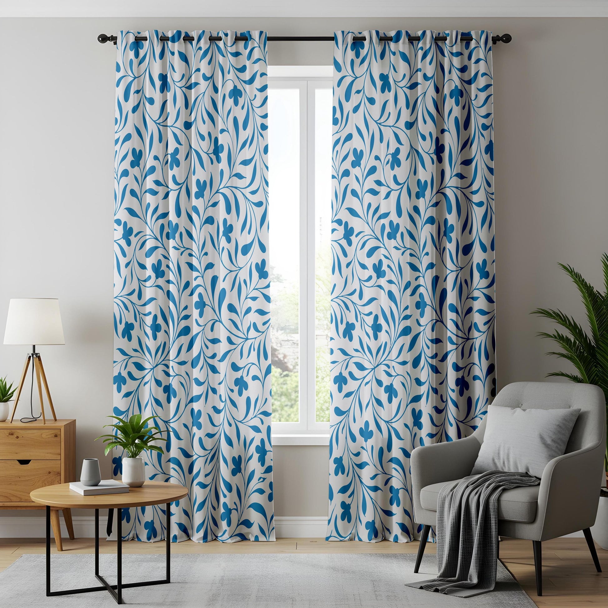 Onay Bright Blue Vine Curtains – White Coastal Botanical Drapes