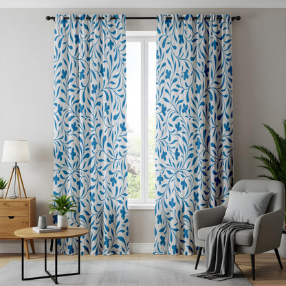Onay Bright Blue Vine Curtains – White Coastal Botanical Drapes