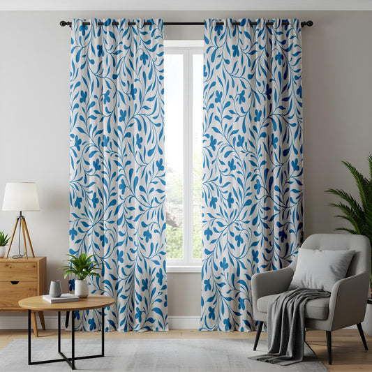 Onay Bright Blue Vine Curtains – White Coastal Botanical Drapes