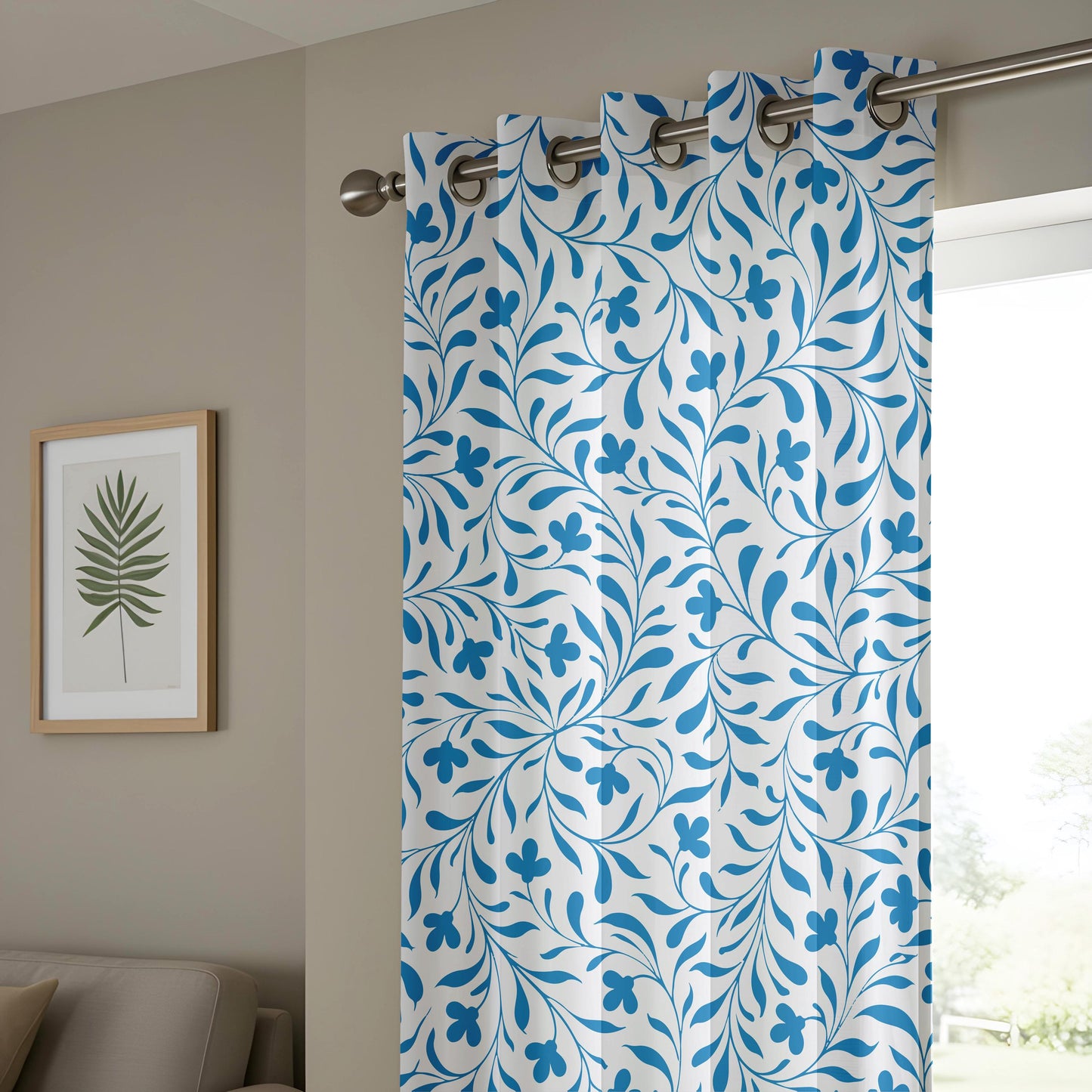 Onay Bright Blue Vine Curtains – White Coastal Botanical Drapes