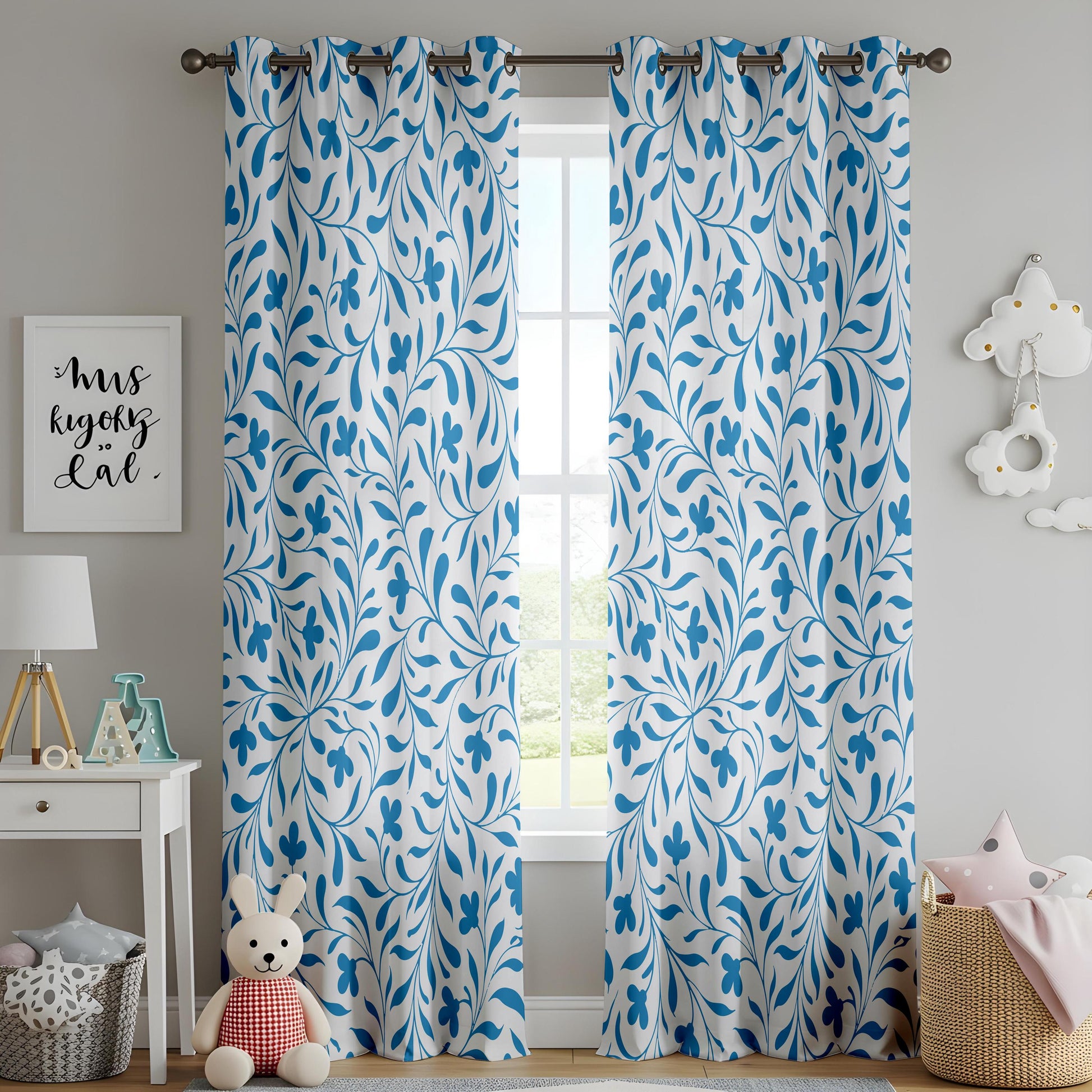 Onay Bright Blue Vine Curtains – White Coastal Botanical Drapes
