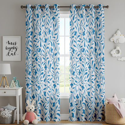 Onay Bright Blue Vine Curtains – White Coastal Botanical Drapes