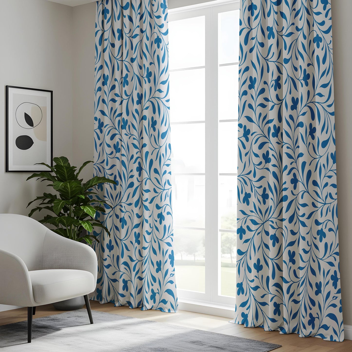 Onay Bright Blue Vine Curtains – White Coastal Botanical Drapes