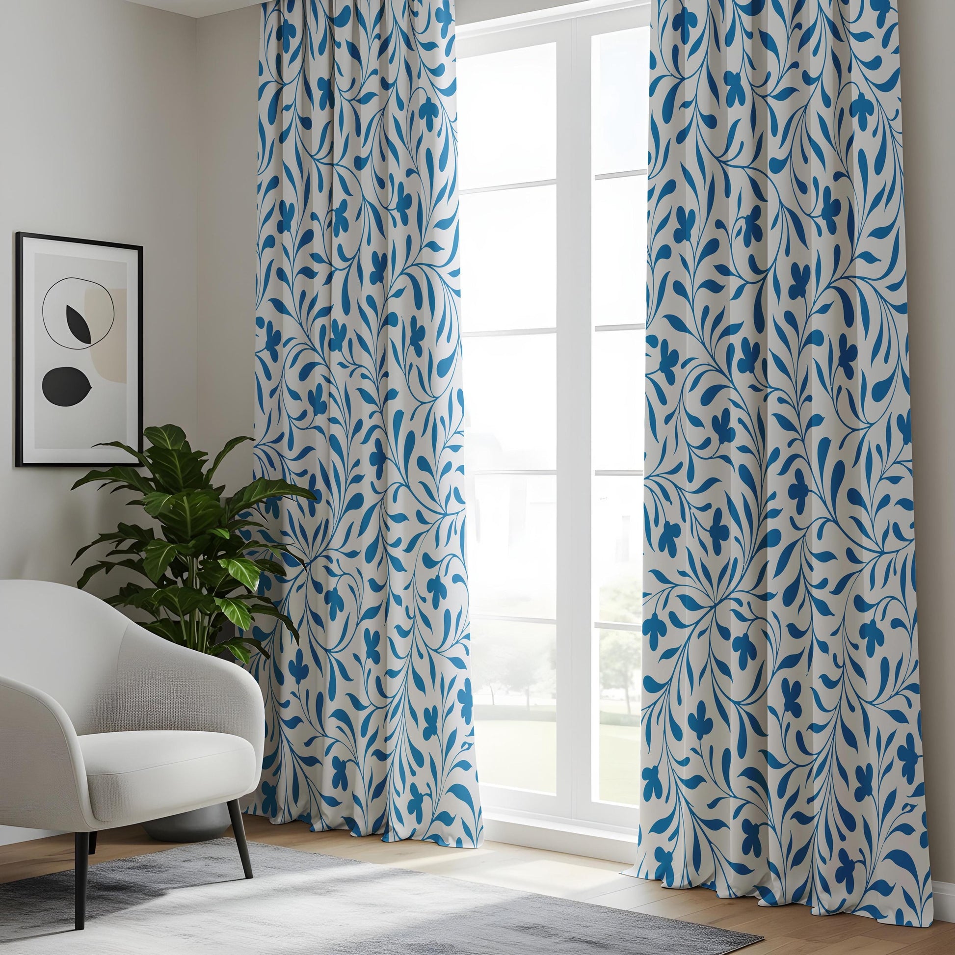 Onay Bright Blue Vine Curtains – White Coastal Botanical Drapes