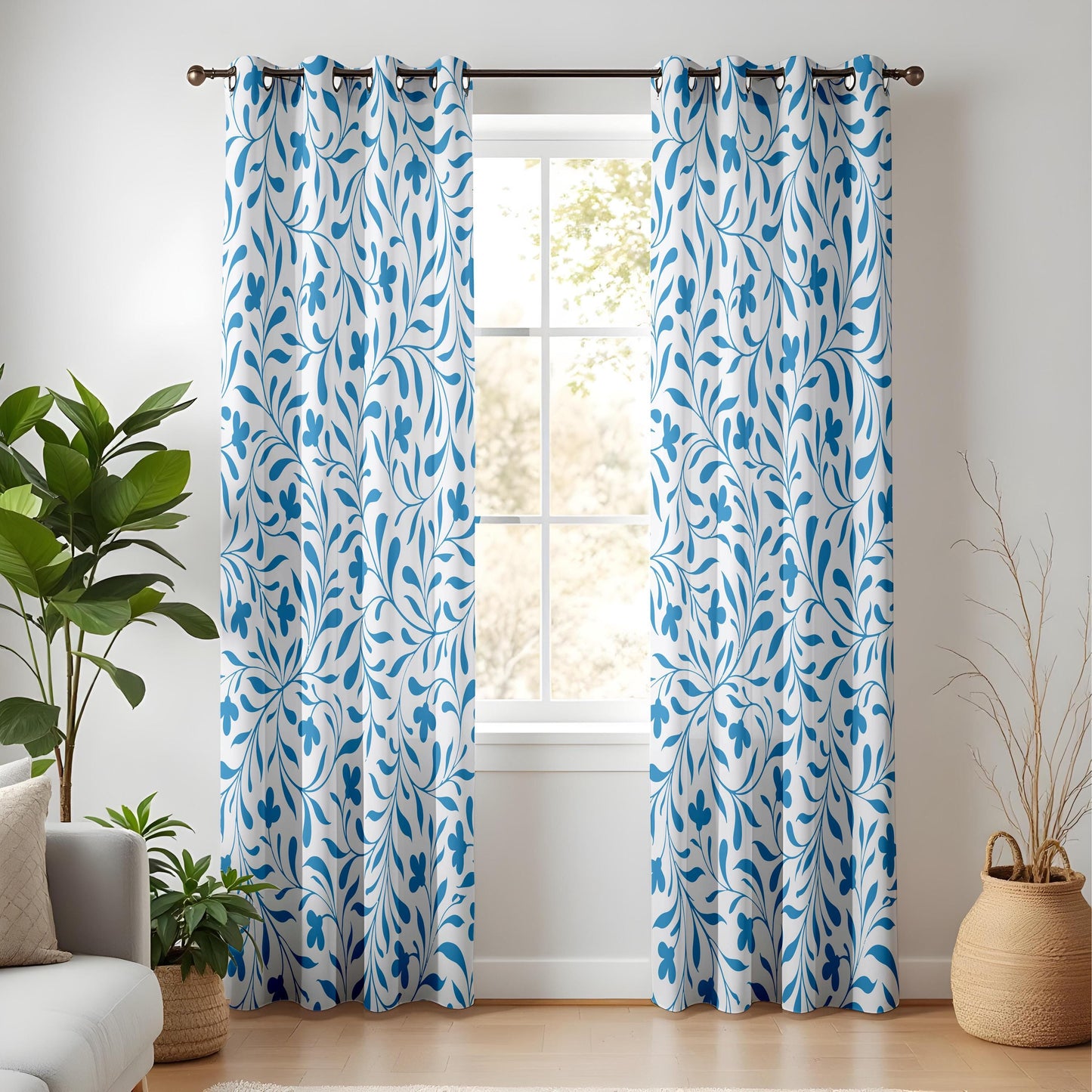 Onay Bright Blue Vine Curtains – White Coastal Botanical Drapes