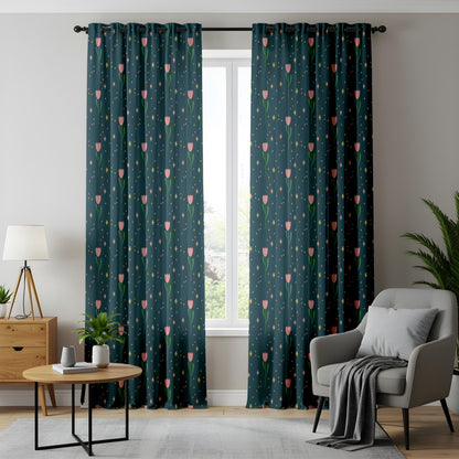 Onay Dark Teal Pink Tulip Curtains – Whimsical Ditsy Floral Drapes