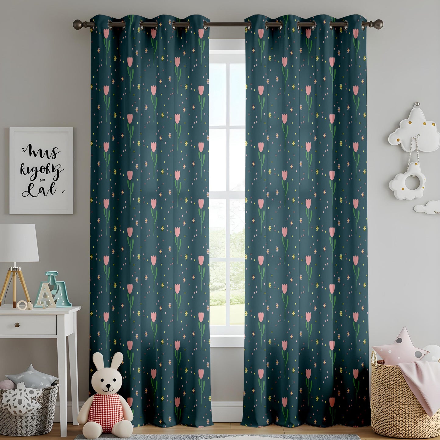 Onay Dark Teal Pink Tulip Curtains – Whimsical Ditsy Floral Drapes
