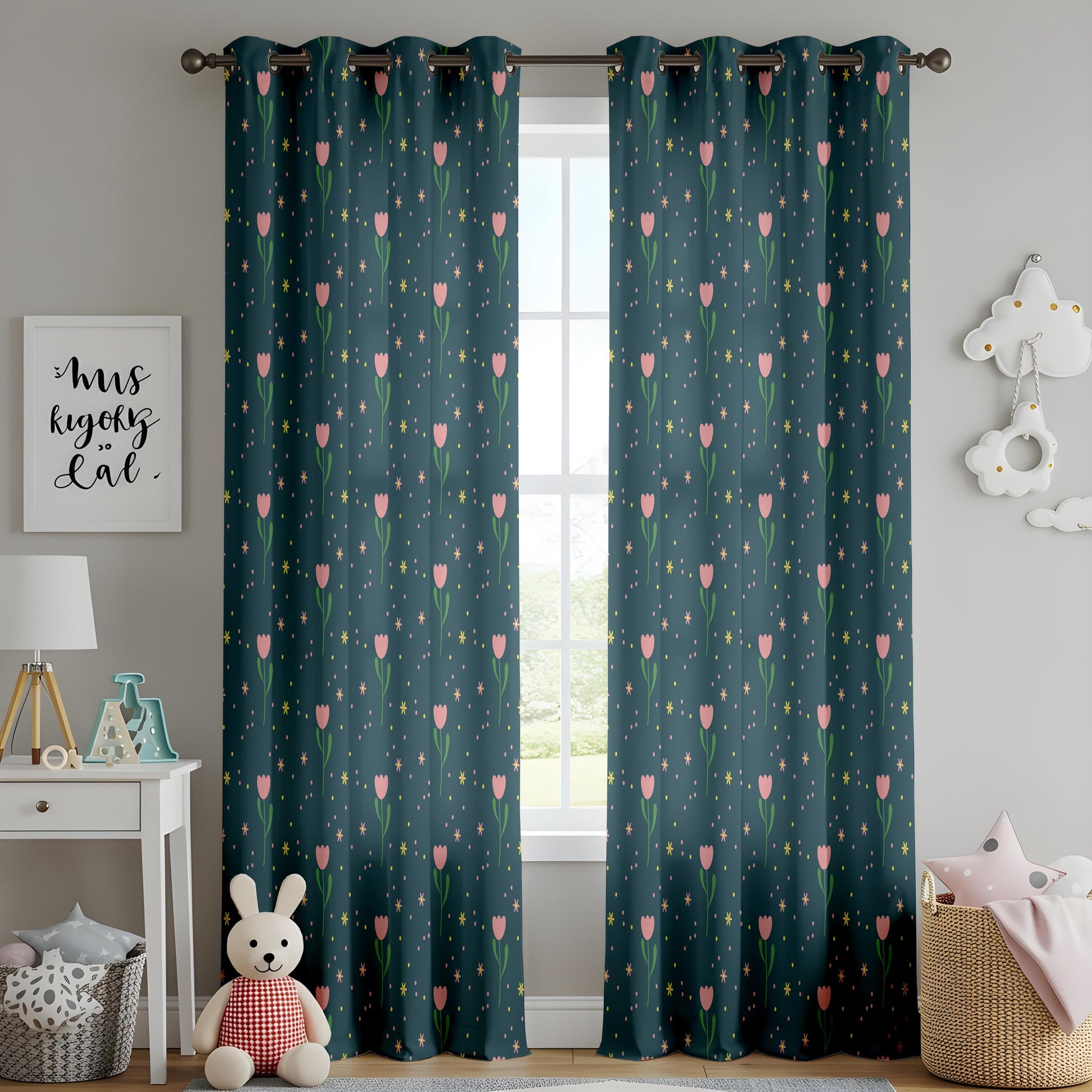Onay Dark Teal Pink Tulip Curtains – Whimsical Ditsy Floral Drapes