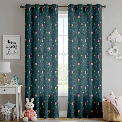 Onay Dark Teal Pink Tulip Curtains – Whimsical Ditsy Floral Drapes