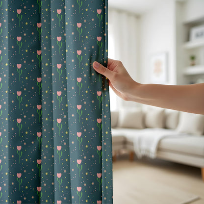 Onay Dark Teal Pink Tulip Curtains – Whimsical Ditsy Floral Drapes