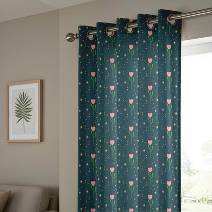 Onay Dark Teal Pink Tulip Curtains – Whimsical Ditsy Floral Drapes