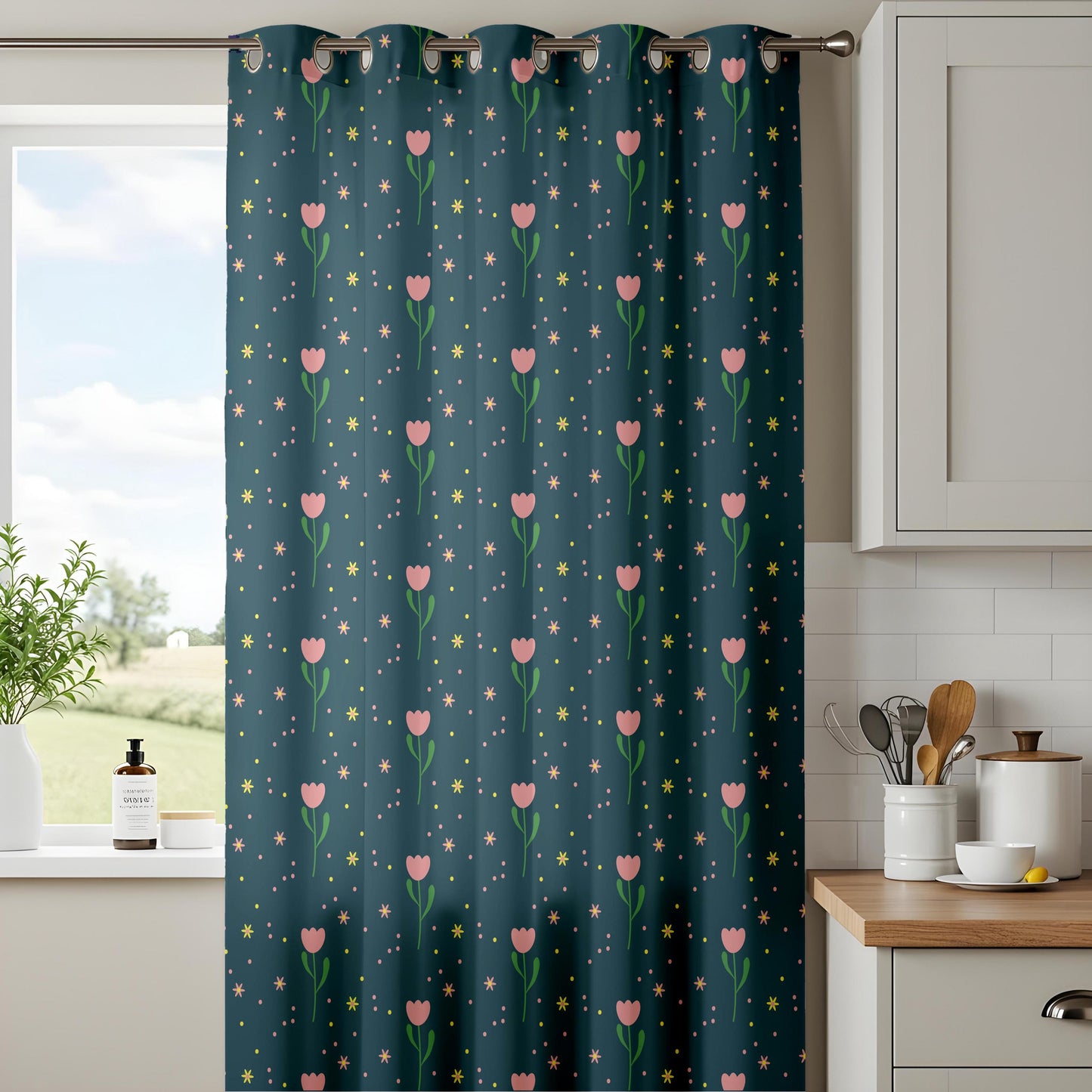 Onay Dark Teal Pink Tulip Curtains – Whimsical Ditsy Floral Drapes