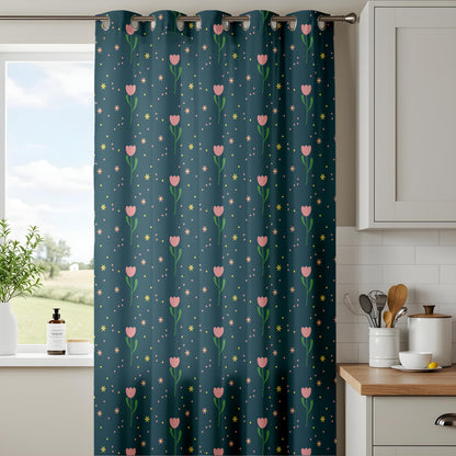 Onay Dark Teal Pink Tulip Curtains – Whimsical Ditsy Floral Drapes