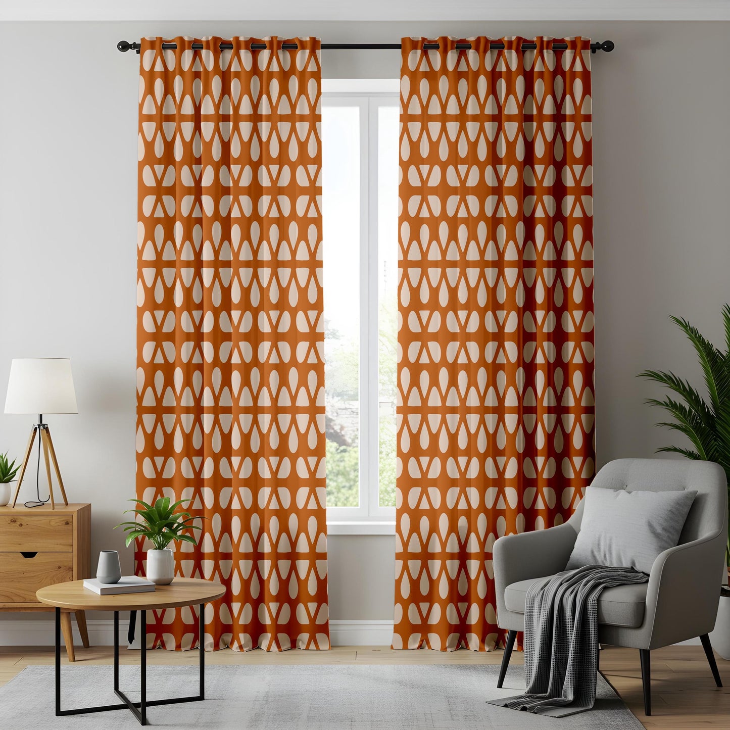 Onay Burnt Orange Geometric Curtains – Mid Century Modern Drapes