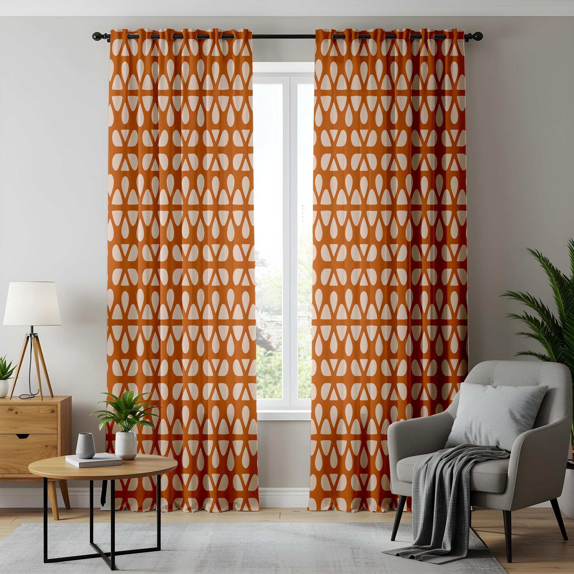 Onay Burnt Orange Geometric Curtains – Mid Century Modern Drapes