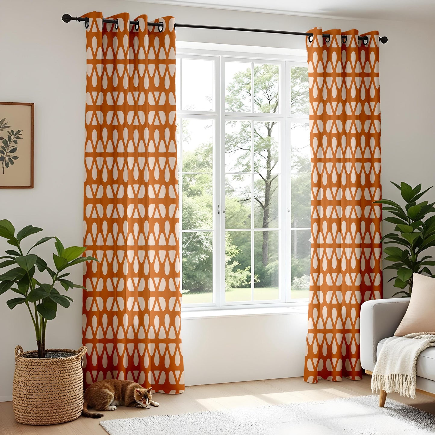 Onay Burnt Orange Geometric Curtains – Mid Century Modern Drapes