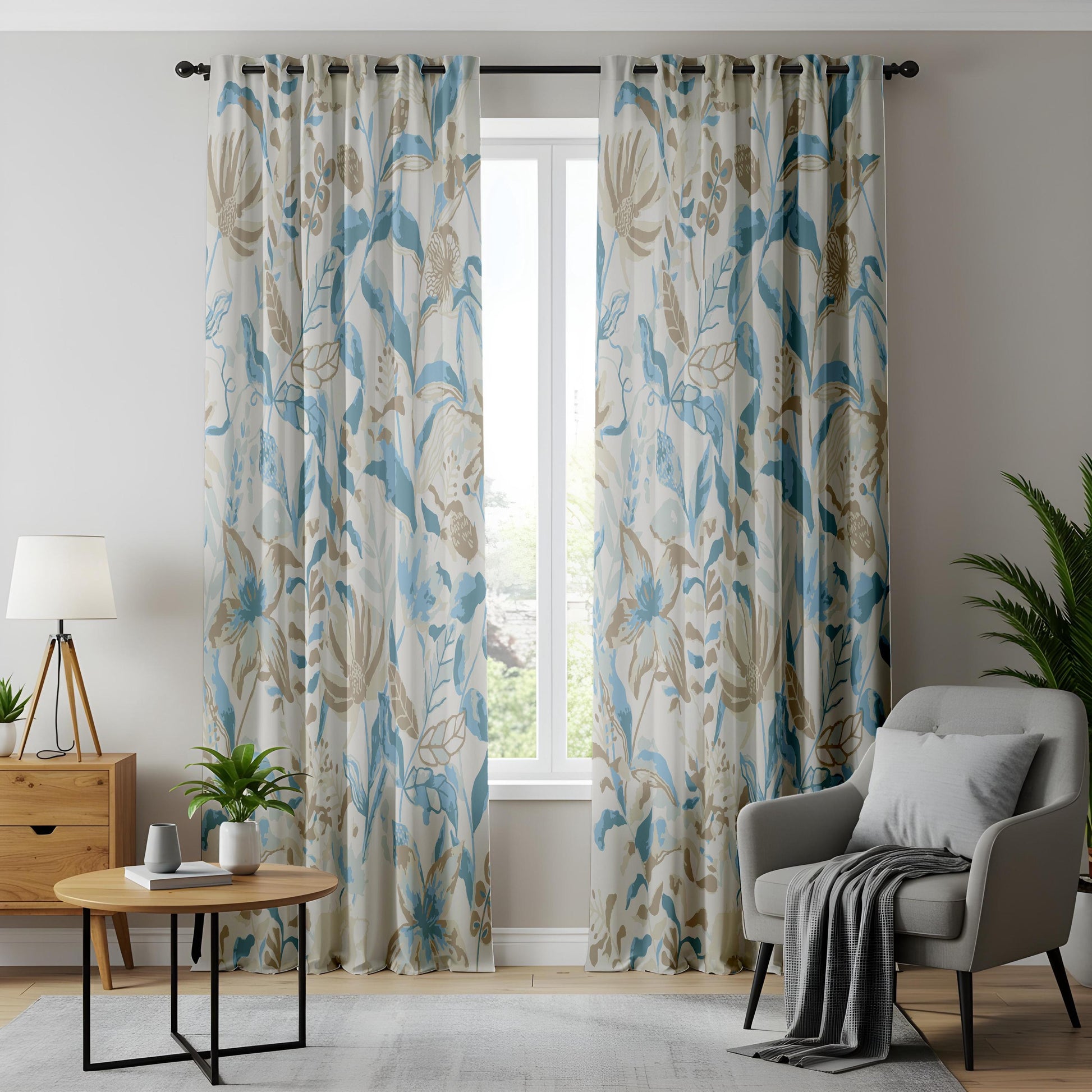 Onay Soft Blue Floral Curtains – Beige Botanical Drapes