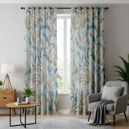 Onay Soft Blue Floral Curtains – Beige Botanical Drapes