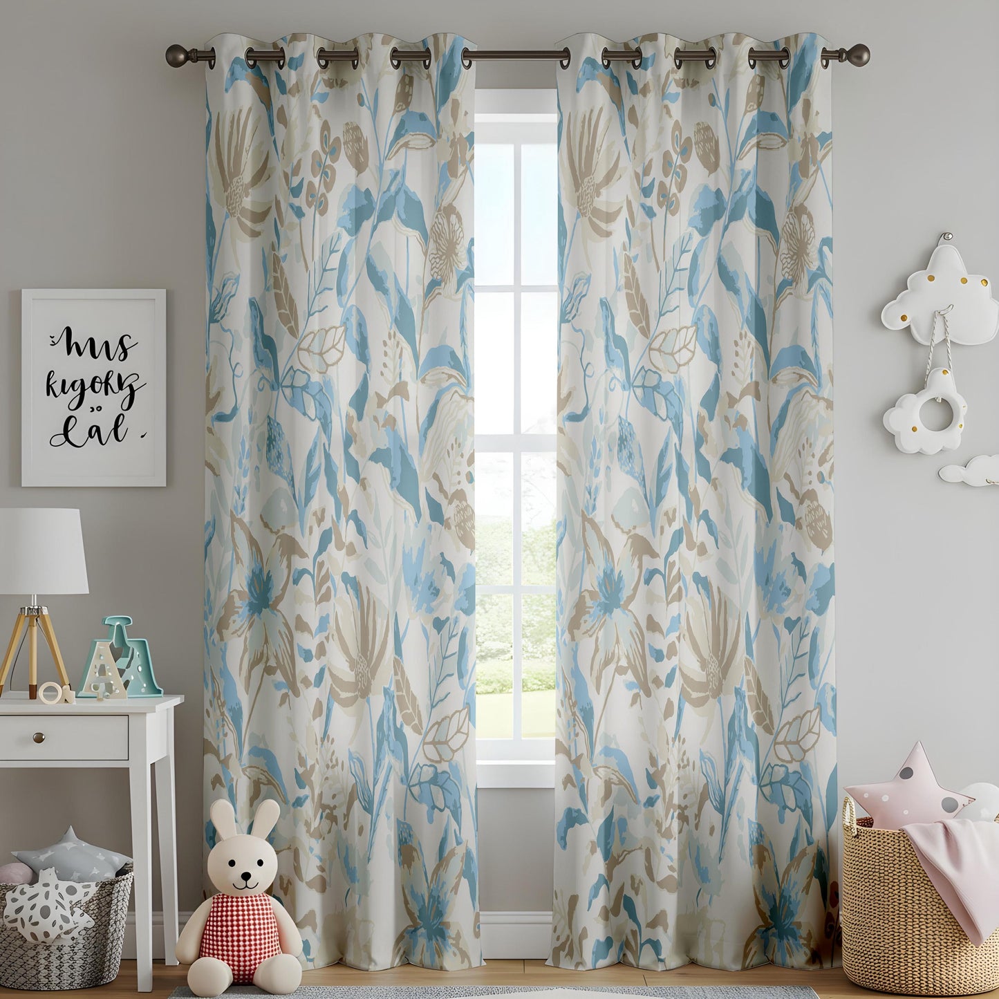 Onay Soft Blue Floral Curtains – Beige Botanical Drapes