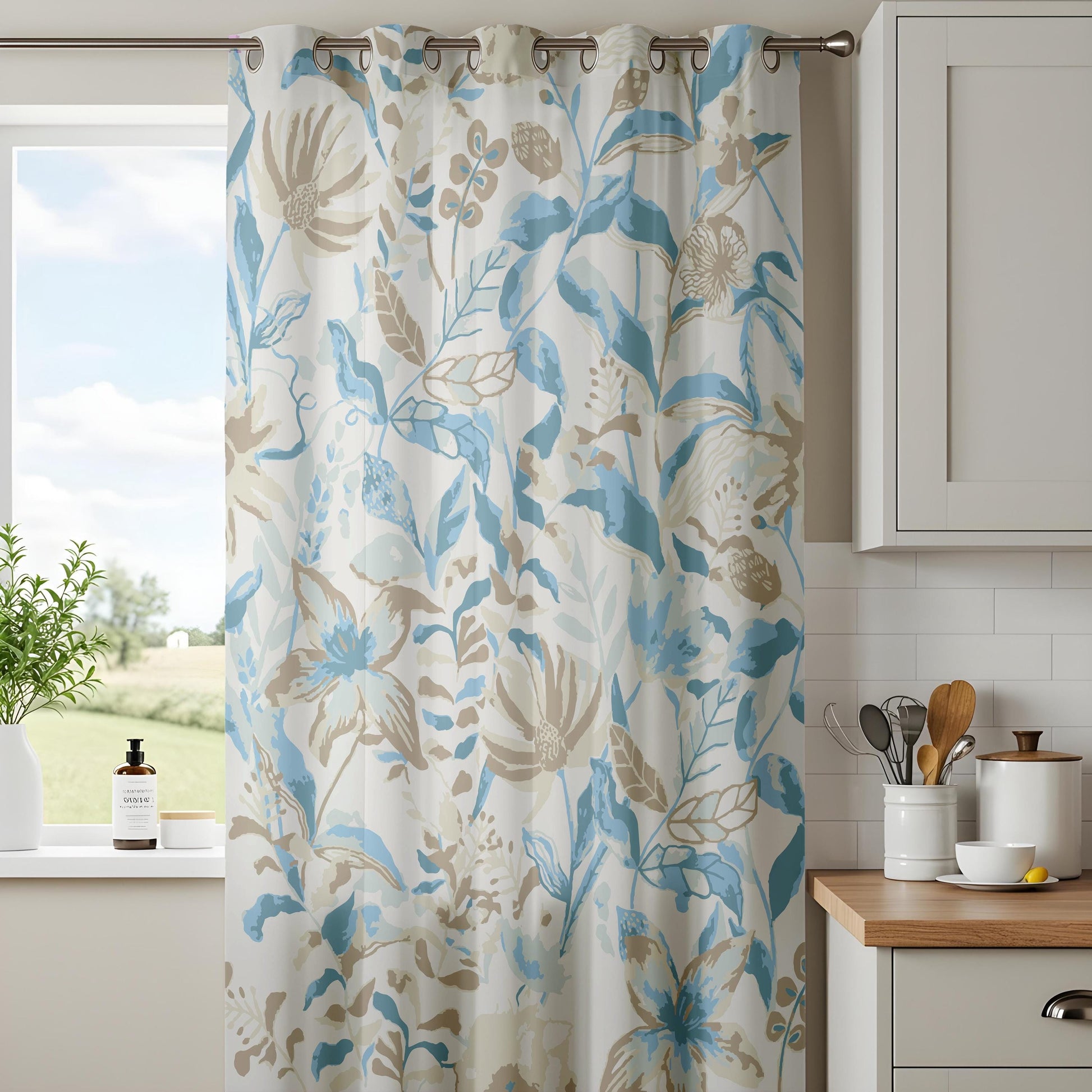 Onay Soft Blue Floral Curtains – Beige Botanical Drapes