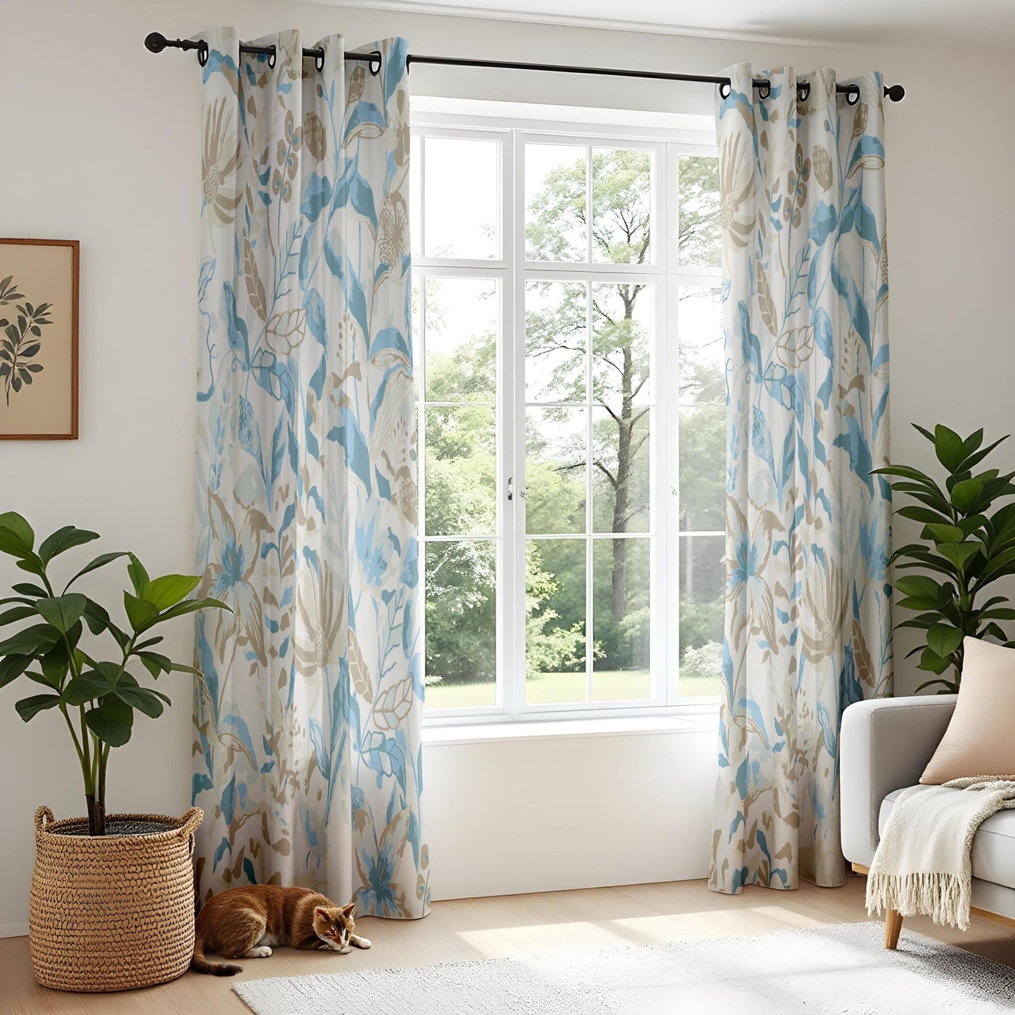 Onay Soft Blue Floral Curtains – Beige Botanical Drapes