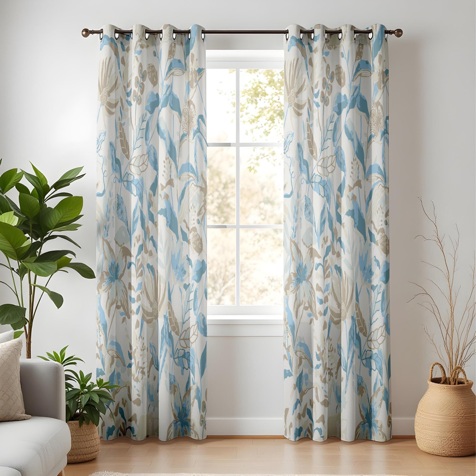 Onay Soft Blue Floral Curtains – Beige Botanical Drapes
