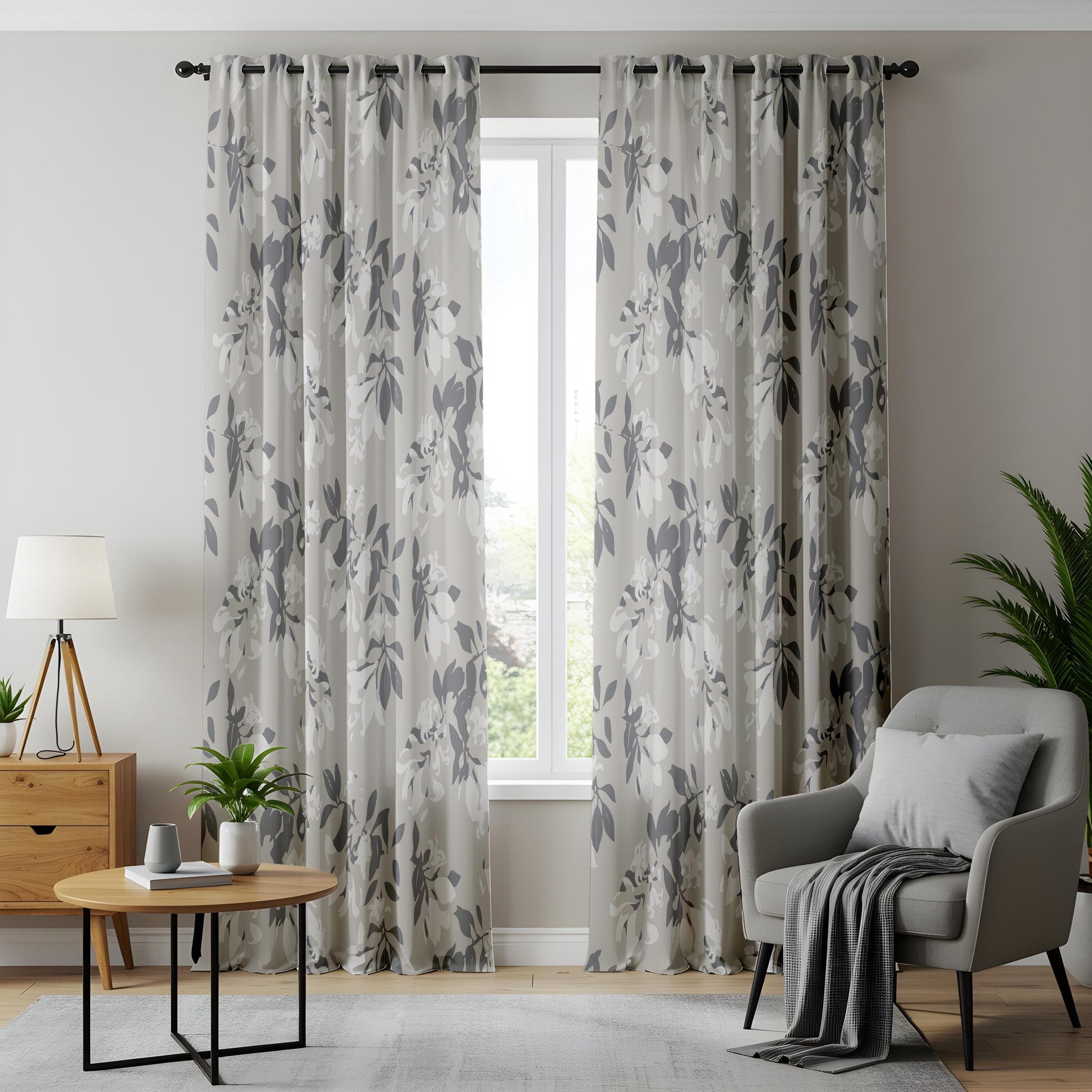 Onay Grey Botanical Curtains – Neutral Watercolor Leaf Drapes