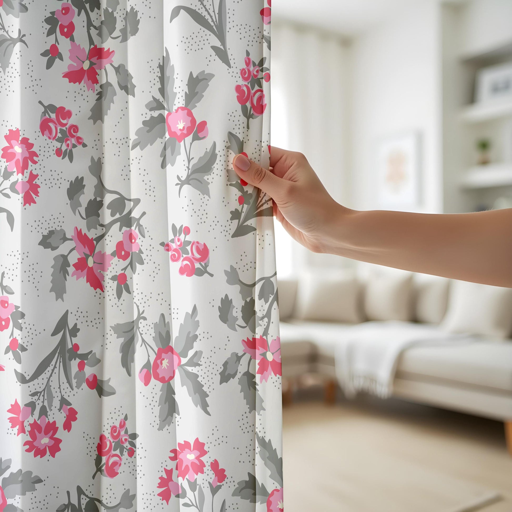 Onay Fuchsia Pink Floral Curtains – Grey and Coral Botanical Drapes