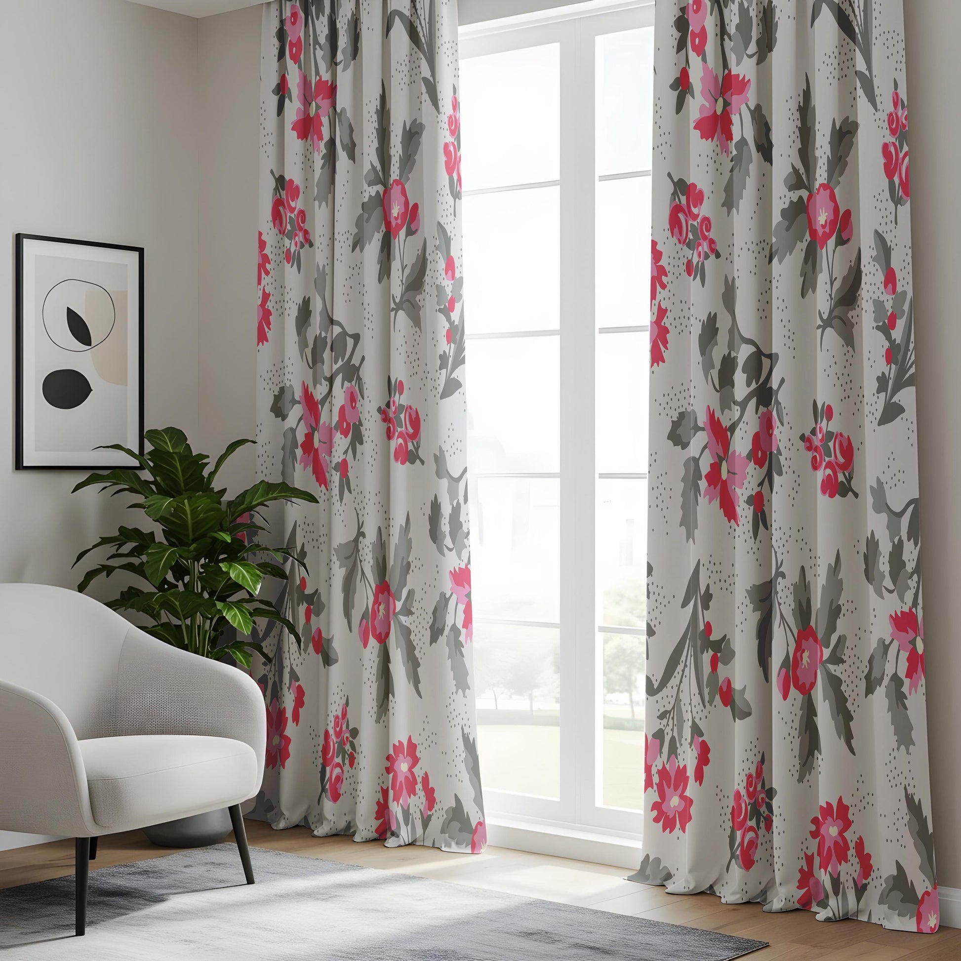 Onay Fuchsia Pink Floral Curtains – Grey and Coral Botanical Drapes