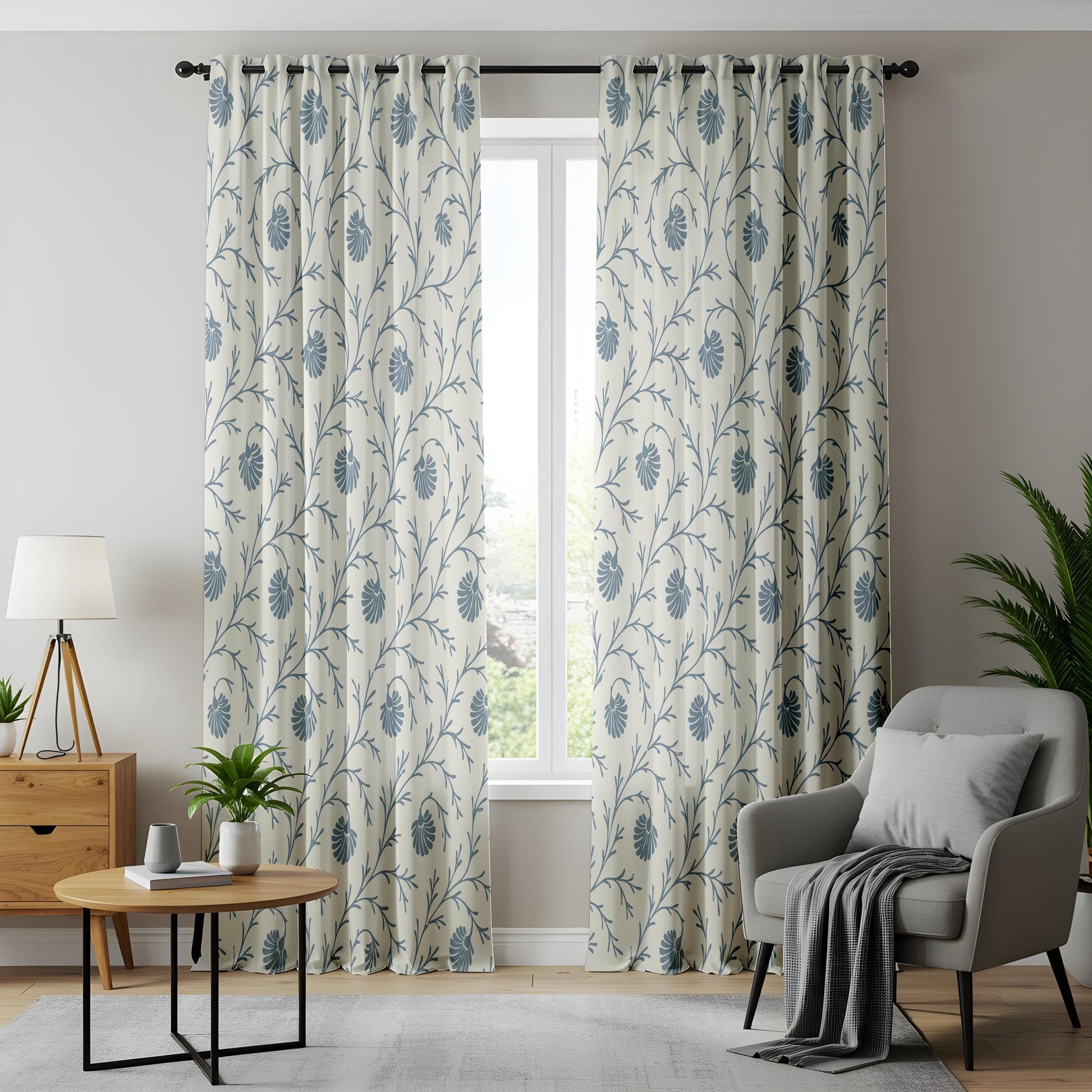 Onay Steel Blue Botanical Curtains – Block Print Style Vine Drapes