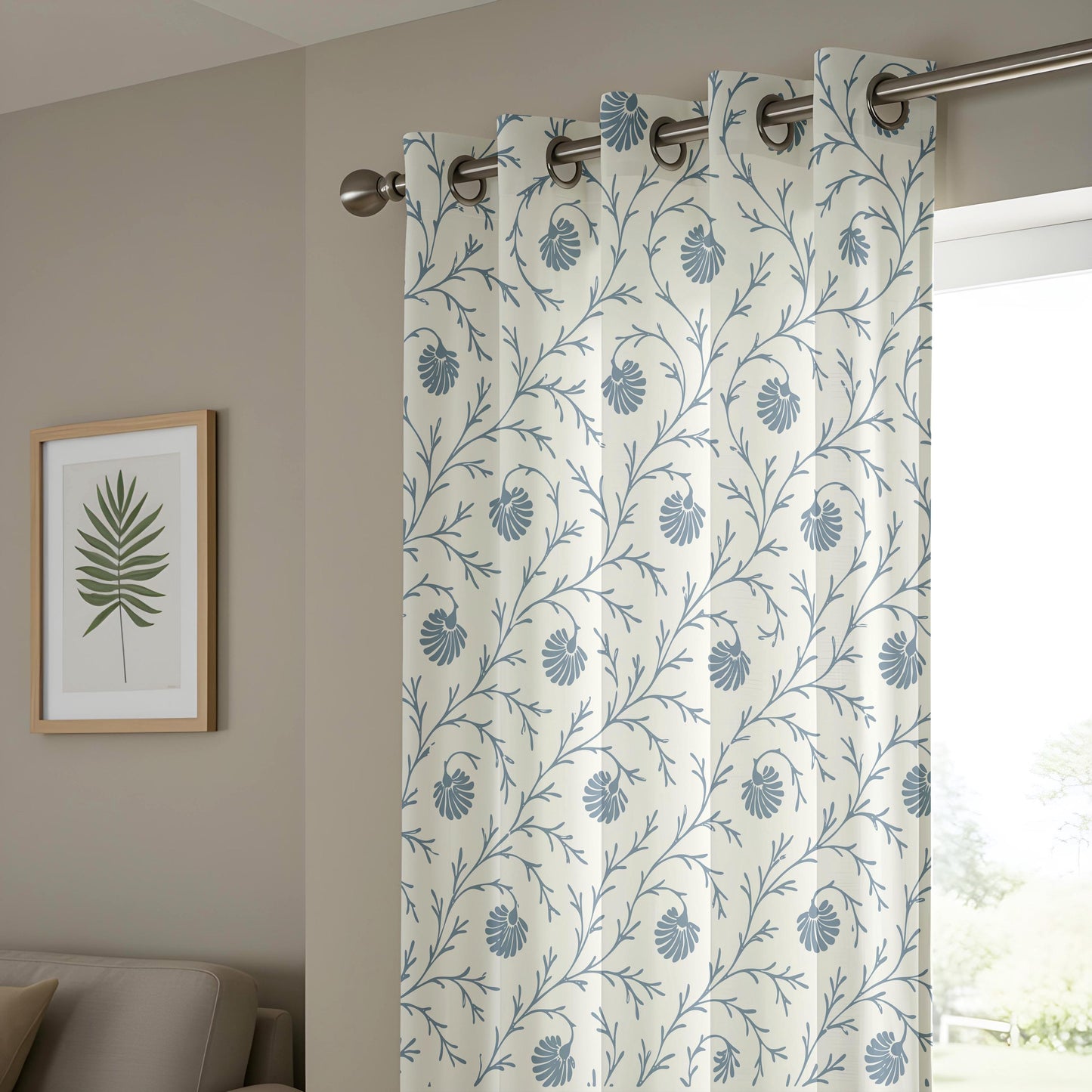 Onay Steel Blue Botanical Curtains – Block Print Style Vine Drapes