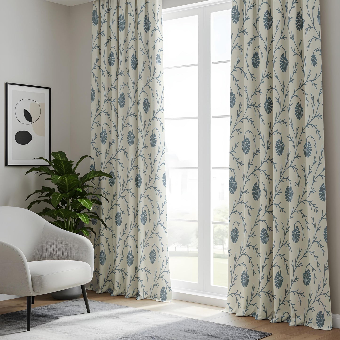 Onay Steel Blue Botanical Curtains – Block Print Style Vine Drapes