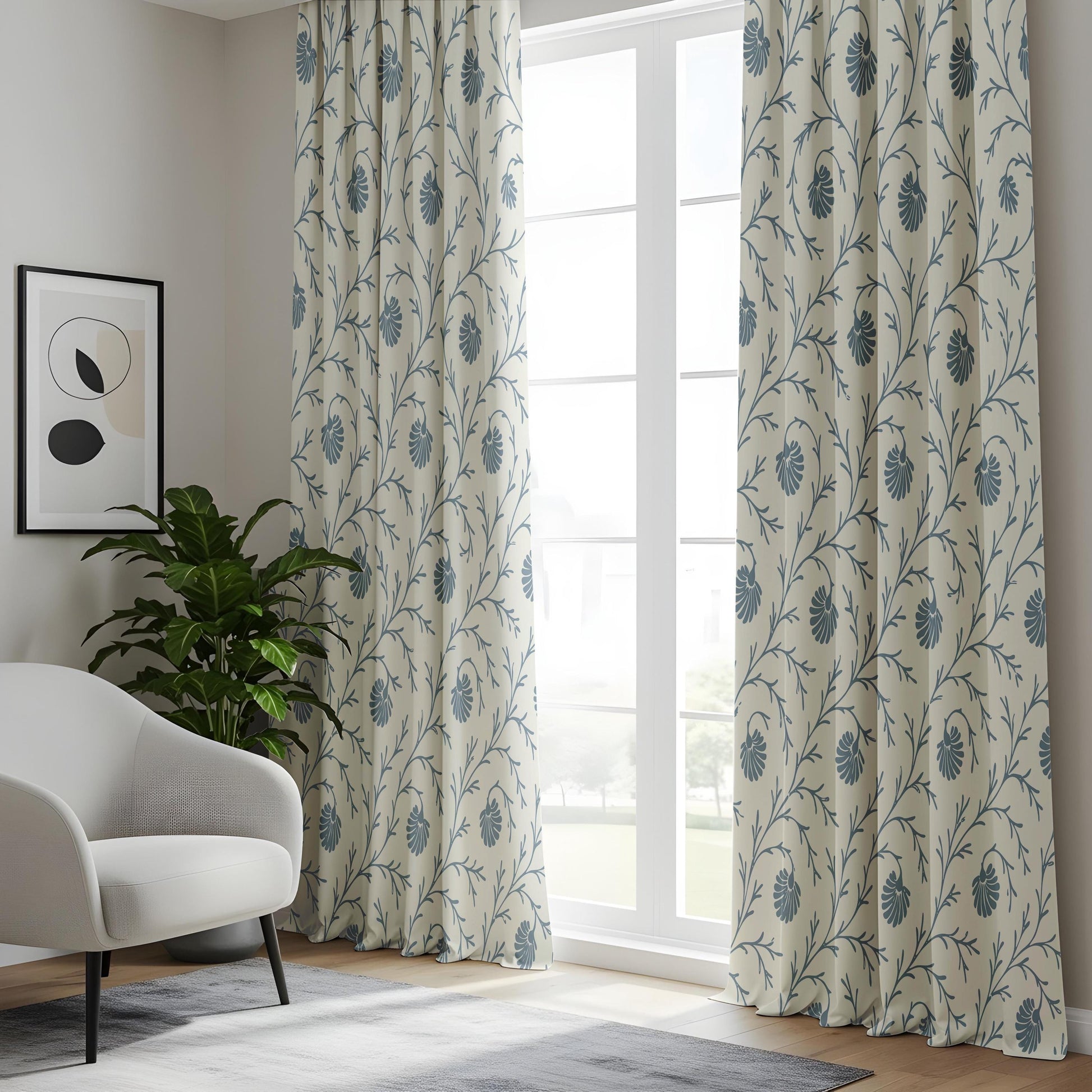 Onay Steel Blue Botanical Curtains – Block Print Style Vine Drapes