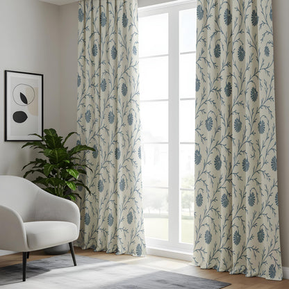 Onay Steel Blue Botanical Curtains – Block Print Style Vine Drapes