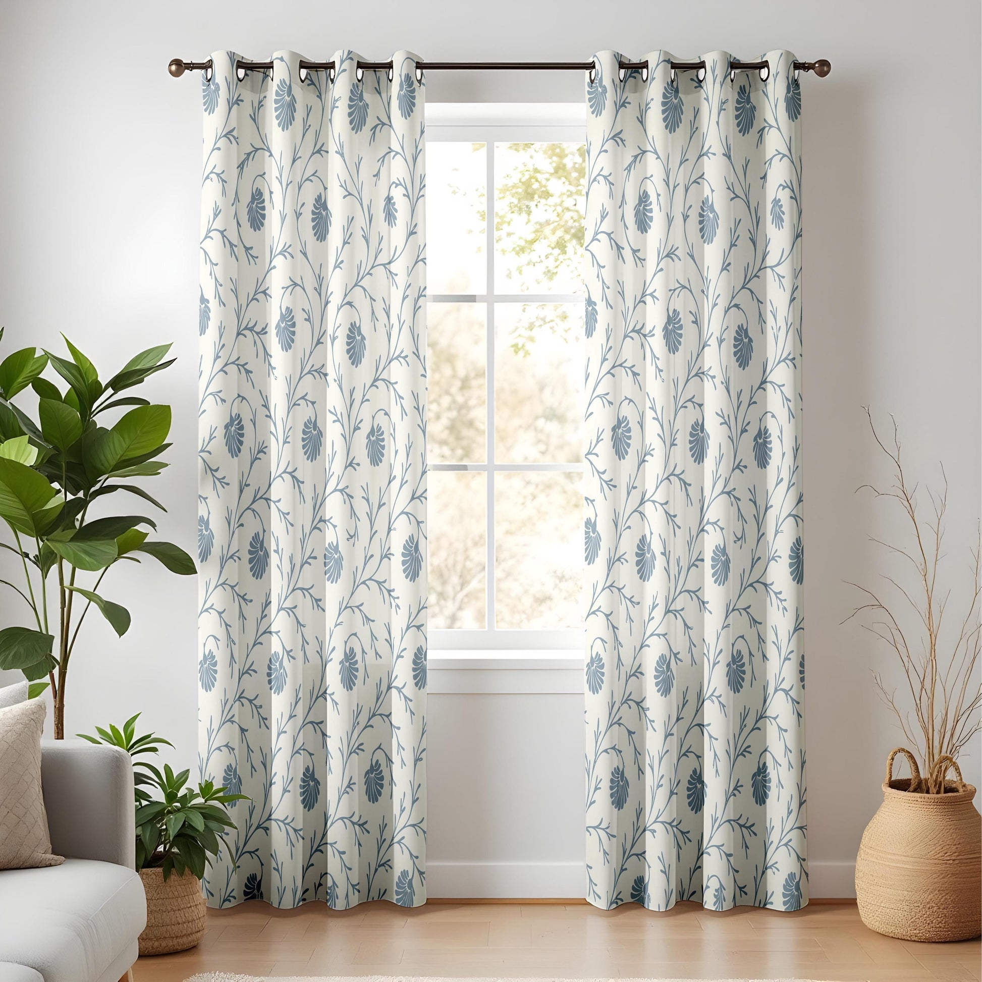 Onay Steel Blue Botanical Curtains – Block Print Style Vine Drapes